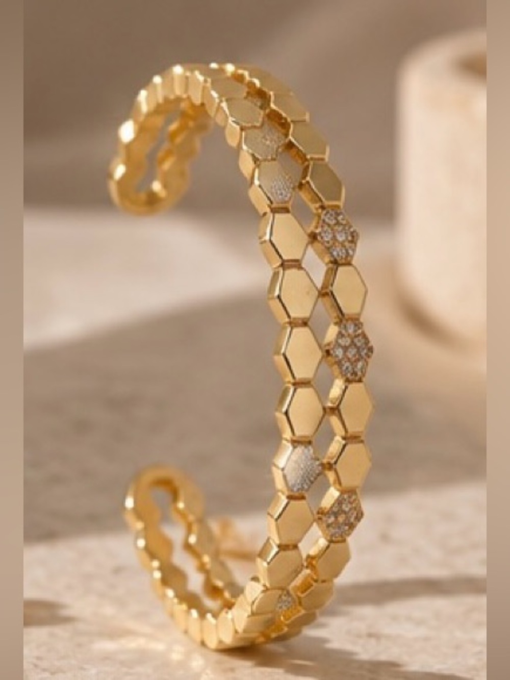 Gold Honeycomb Pave Open Cuff Bracelet